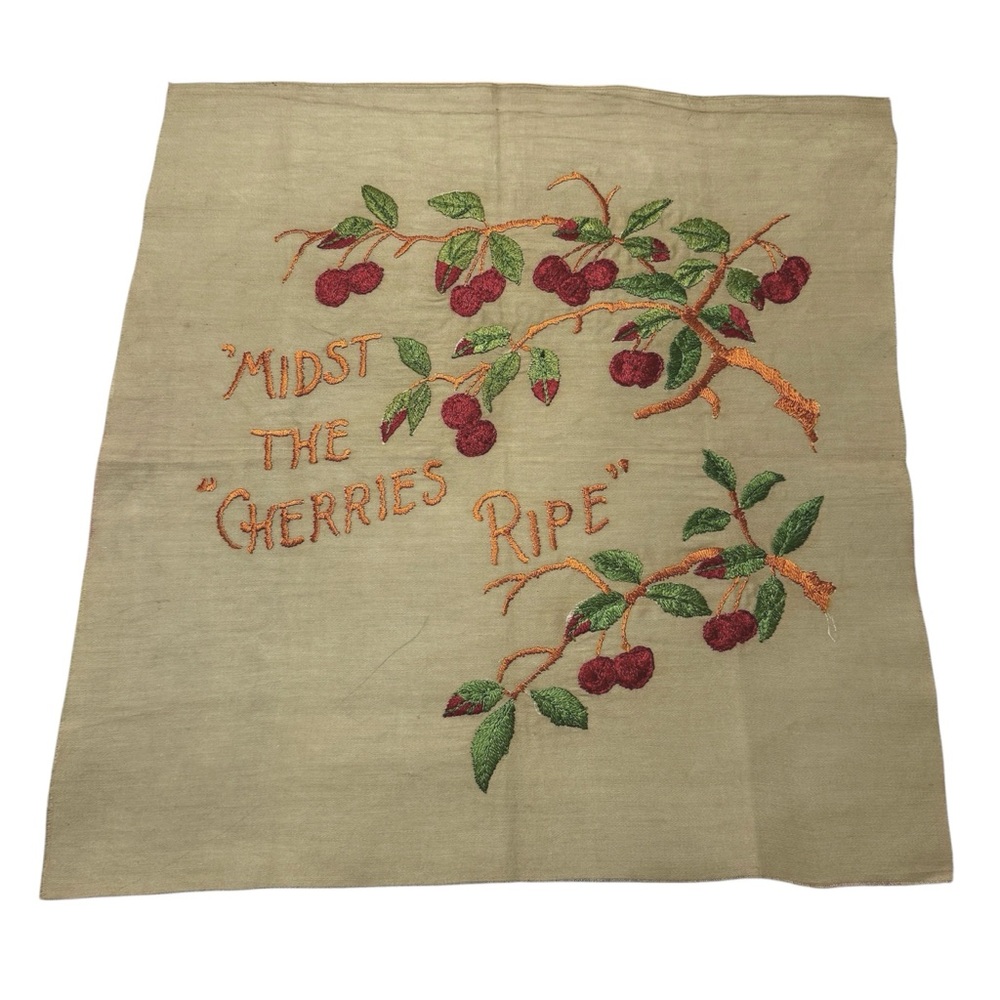 Vintage Embroidered Cherry Design Fabric Piece ~ Midst the Cherries Ripe 🍒